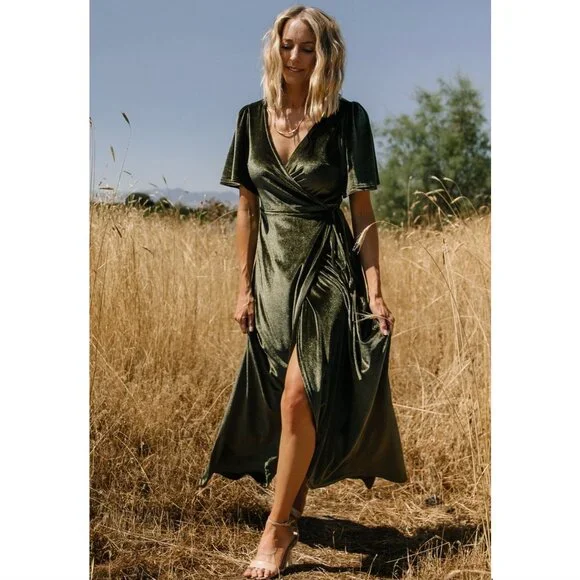 NWT Baltic Born | Katelyn Dark Olive Green Velvet Maxi Wrap Dress | Size XXL - Picture 3 of 15